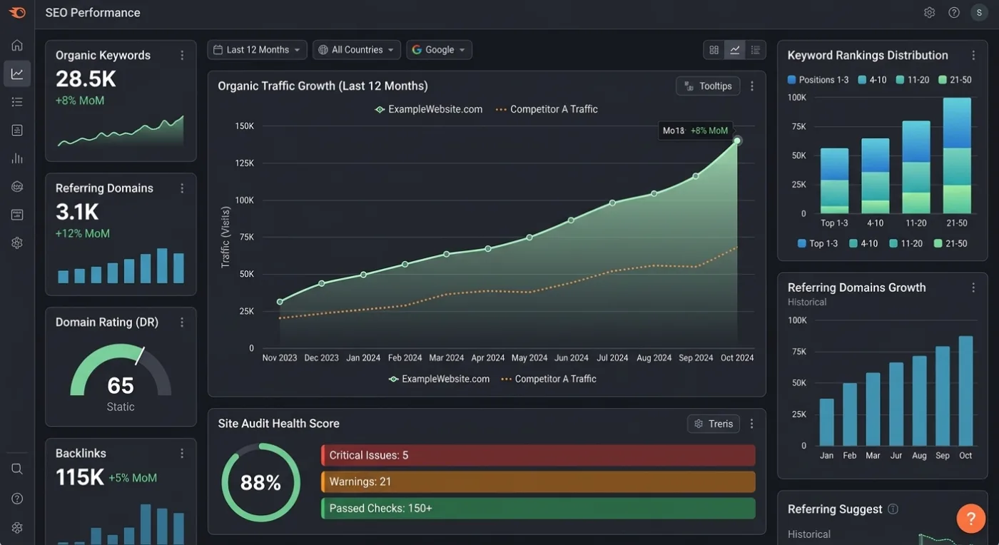 An SEO reporting dashboard showing organic traffic, keyword rankings, referring domains and a site audit health score