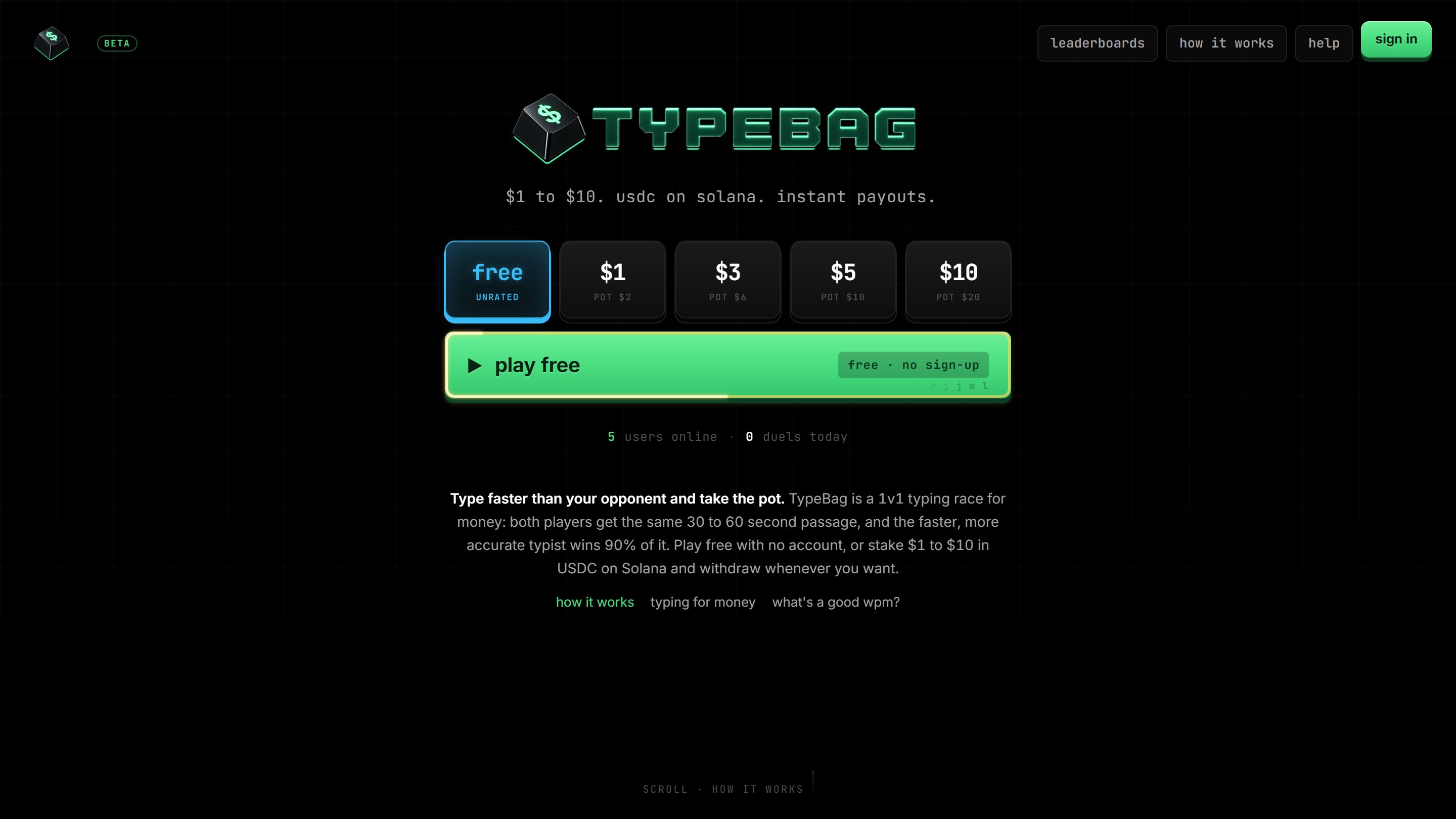 TypeBag, Web3 game · beta built by RL Enterprise